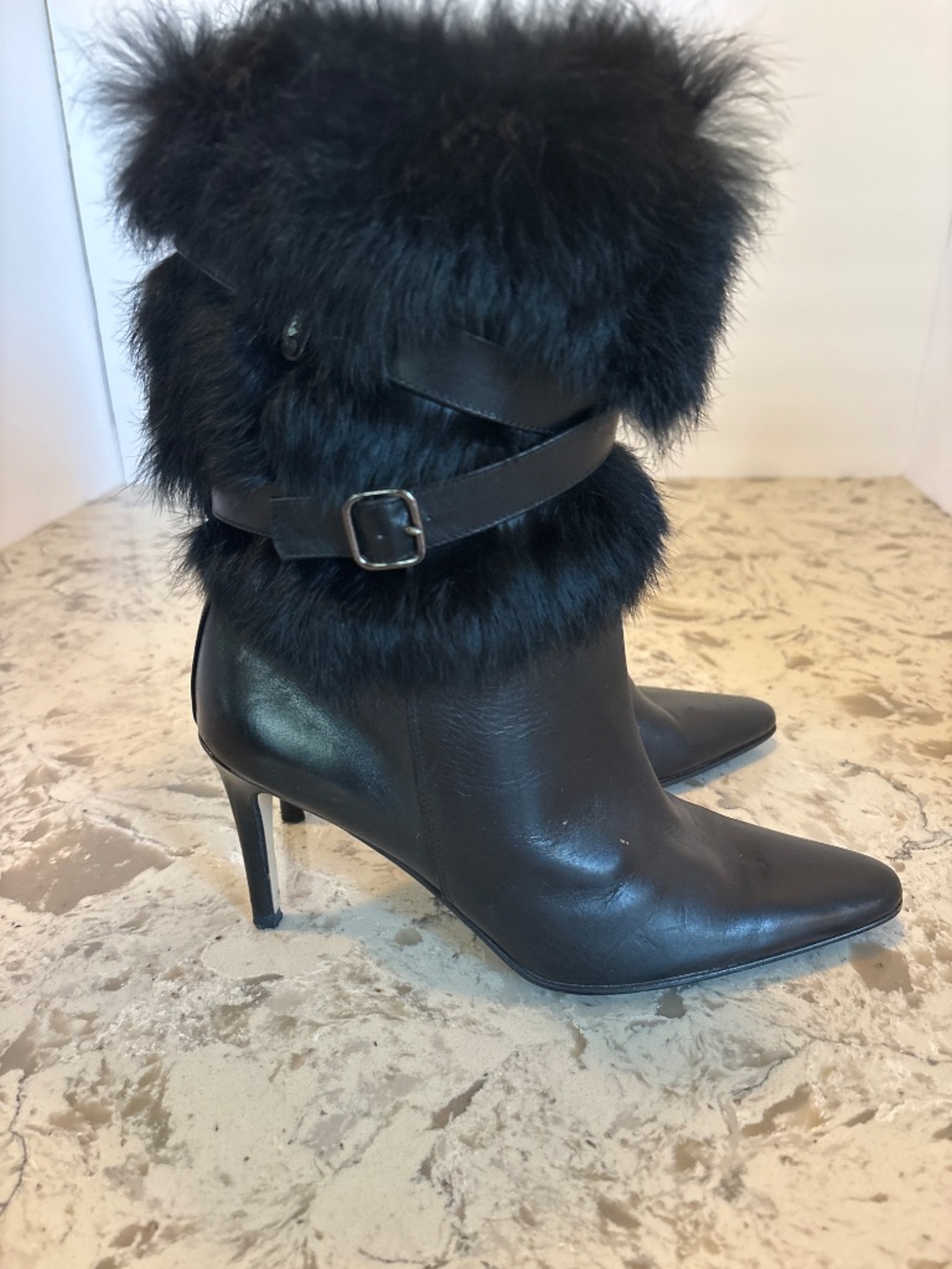 EUC  Coach Marlow Black Leather High Heel Mid Calf Boots Rabbit Fur Trim 6.5 - Picture 4 of 6